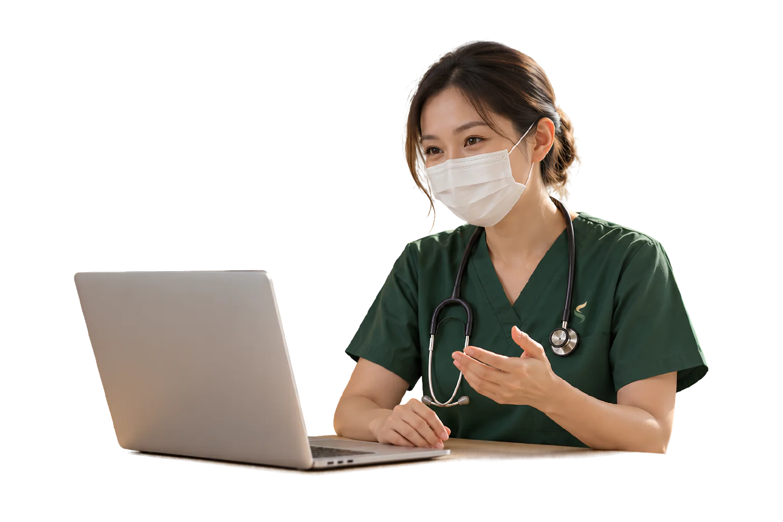 Healthcare professional in a face mask and branded scrubs on a video call at her laptop